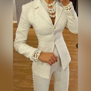 Ivory & White Tweed Formal Blazer w/ Pearl Embellishments and Gold Details